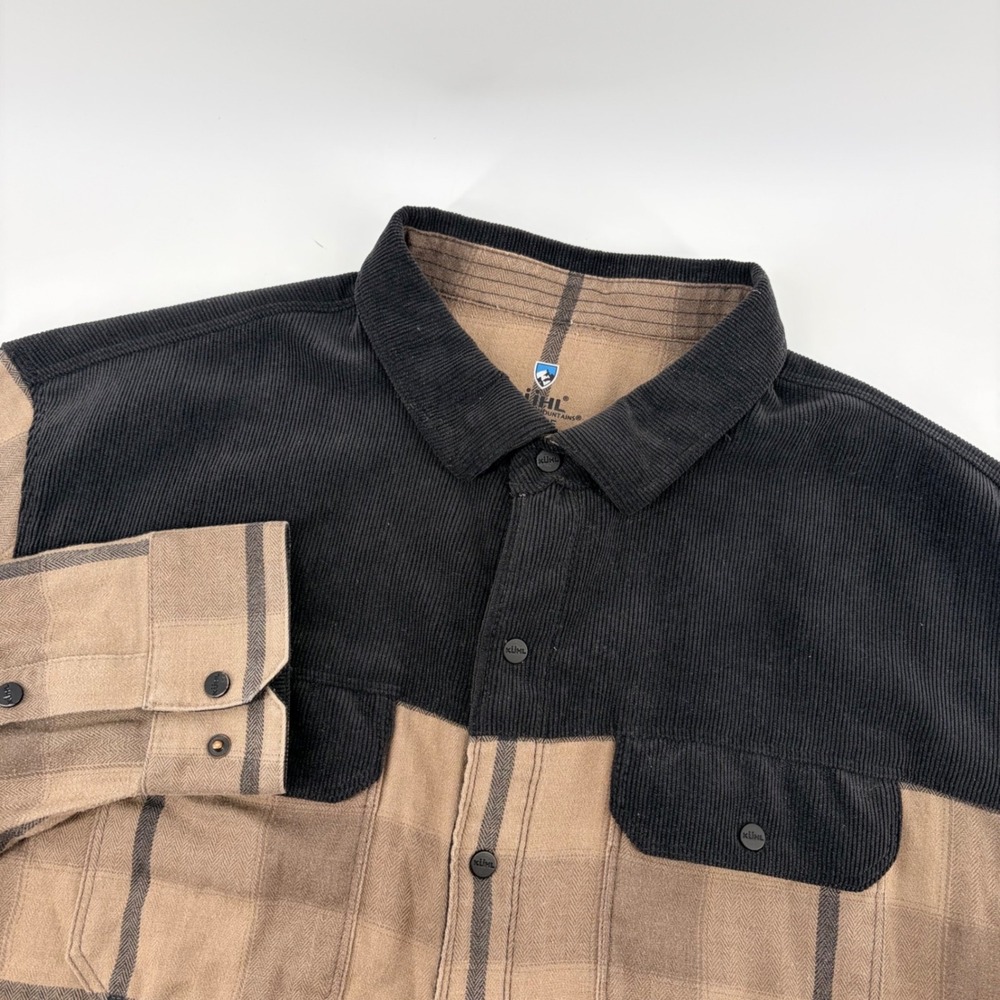 Kuhl Flannel‎ Shirt Mens XL Brown Corduroy Yoke Plaid Button Down Herringbone
